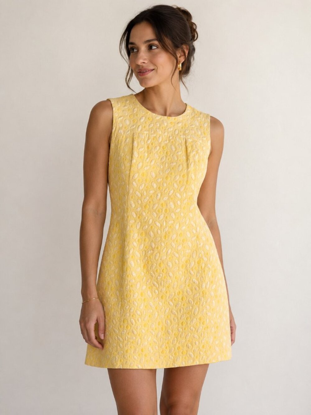 Vintage 60s Daymor Pastel Yellow Geometric Print Sleeveless Mini Dress S